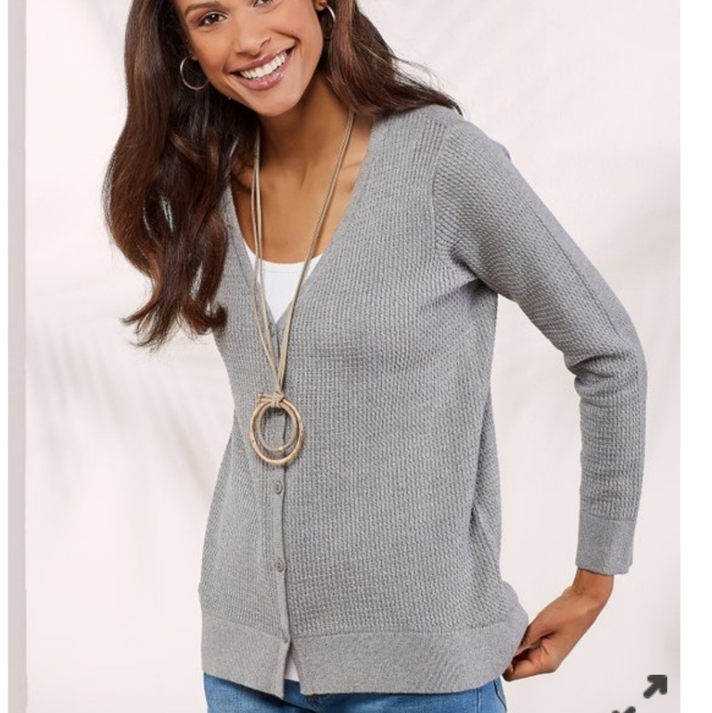 Soft Surroundings Nissima Grey V Neck Button Down Realxed Sweater Cardigan Sz XS